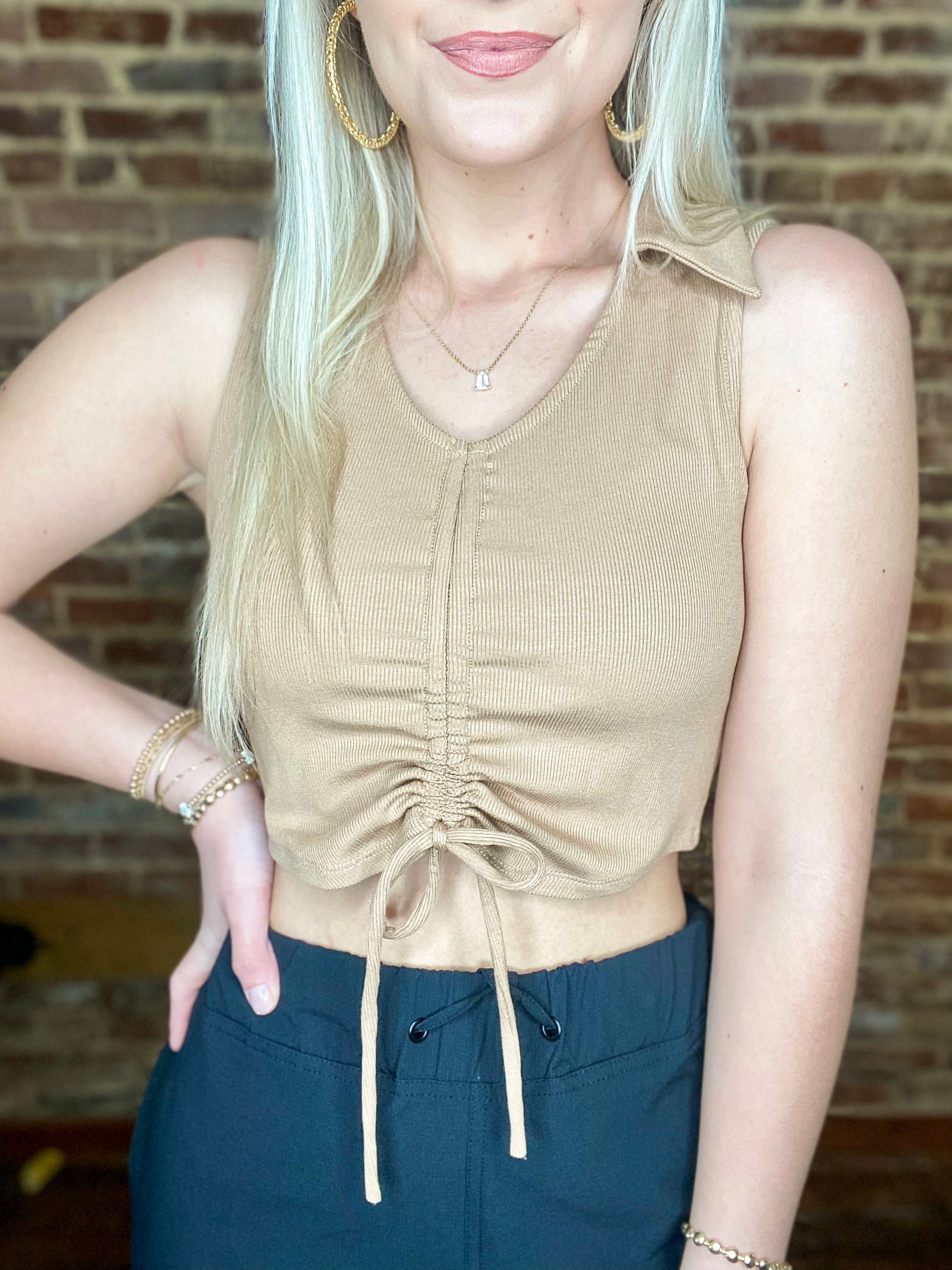 Getting To Know You Ruched Taupe Ribbed Sleeveless Crop Top