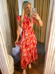 Beautiful Heart Pink & Orange Floral High Neck Ruffle THML Maxi Dress