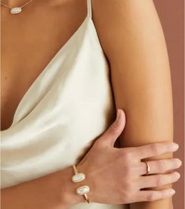 Elton Pearl Beaded Gold Cuff Ivory Mother-of-Pearl Bracelet