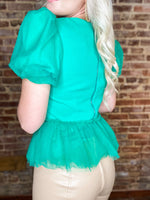 Load image into Gallery viewer, Just My Luck Kelly Green Peplum Short Sleeve Blouse
