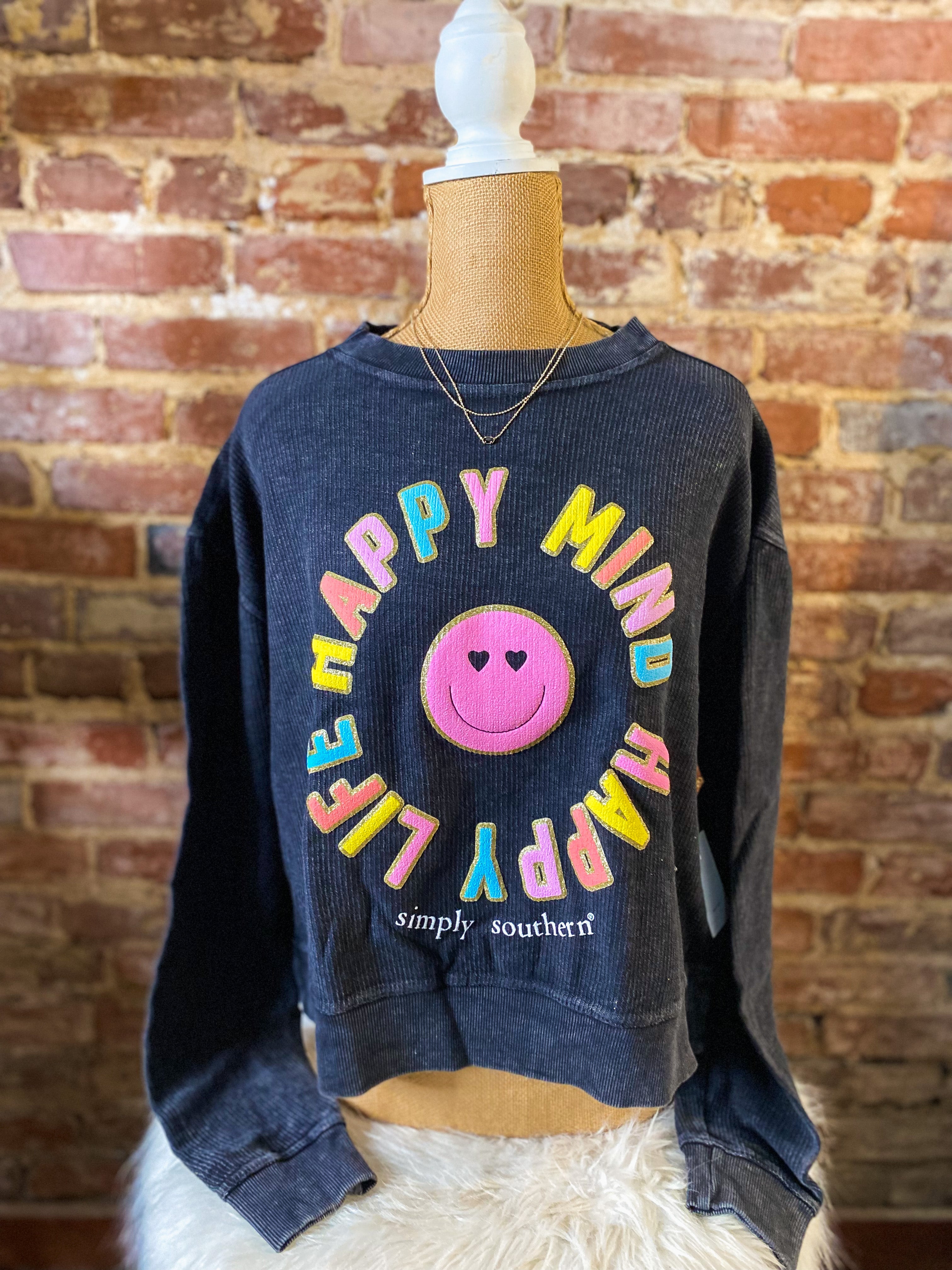 Happy Mind, Happy Life Smiley Face Black Simply Souther Crop Sweatshirt