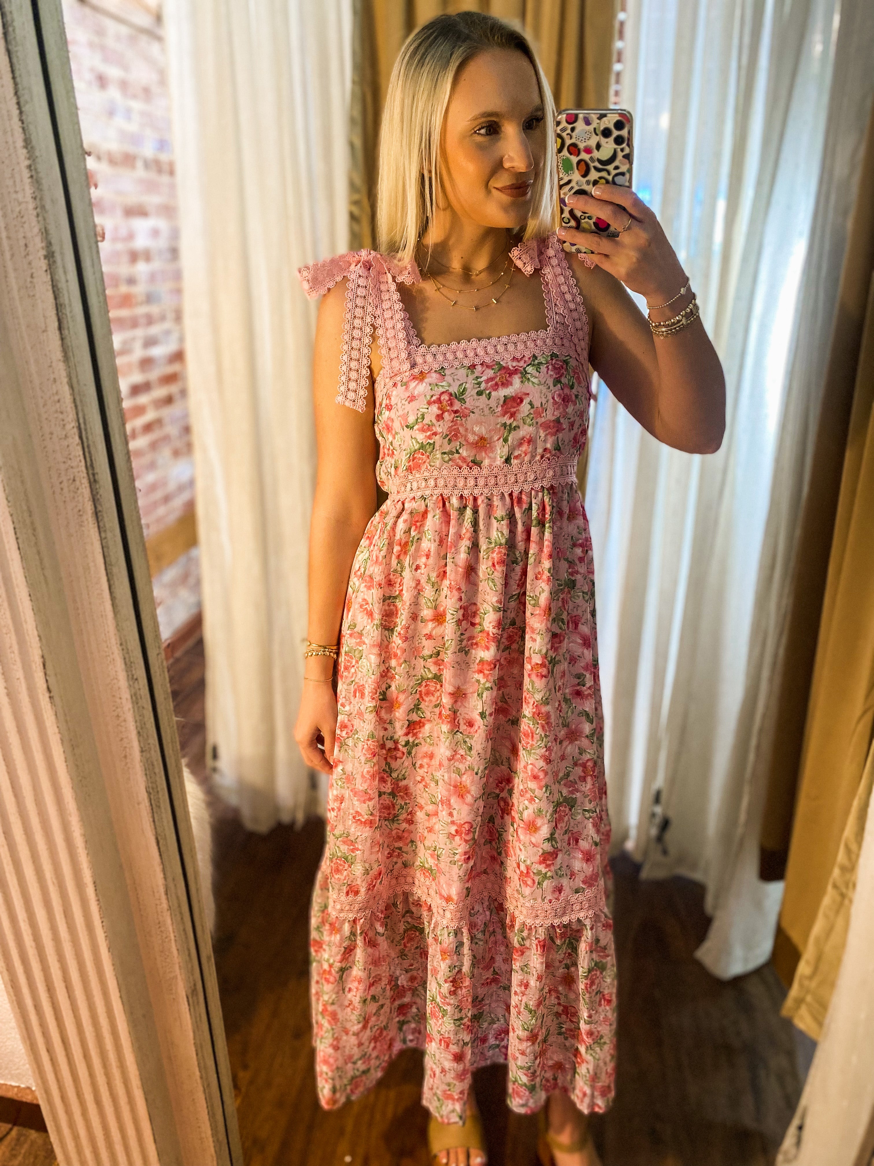 Hard To Please Pink Floral Crochet Bow Tie Strap Maxi Dress