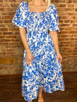 Load image into Gallery viewer, Lost In Love Blue &amp; White Floral THML Midi Dress
