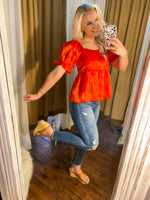 Load image into Gallery viewer, Stepping In The Light Red Shimmer Short Sleeve Peplum Blouse
