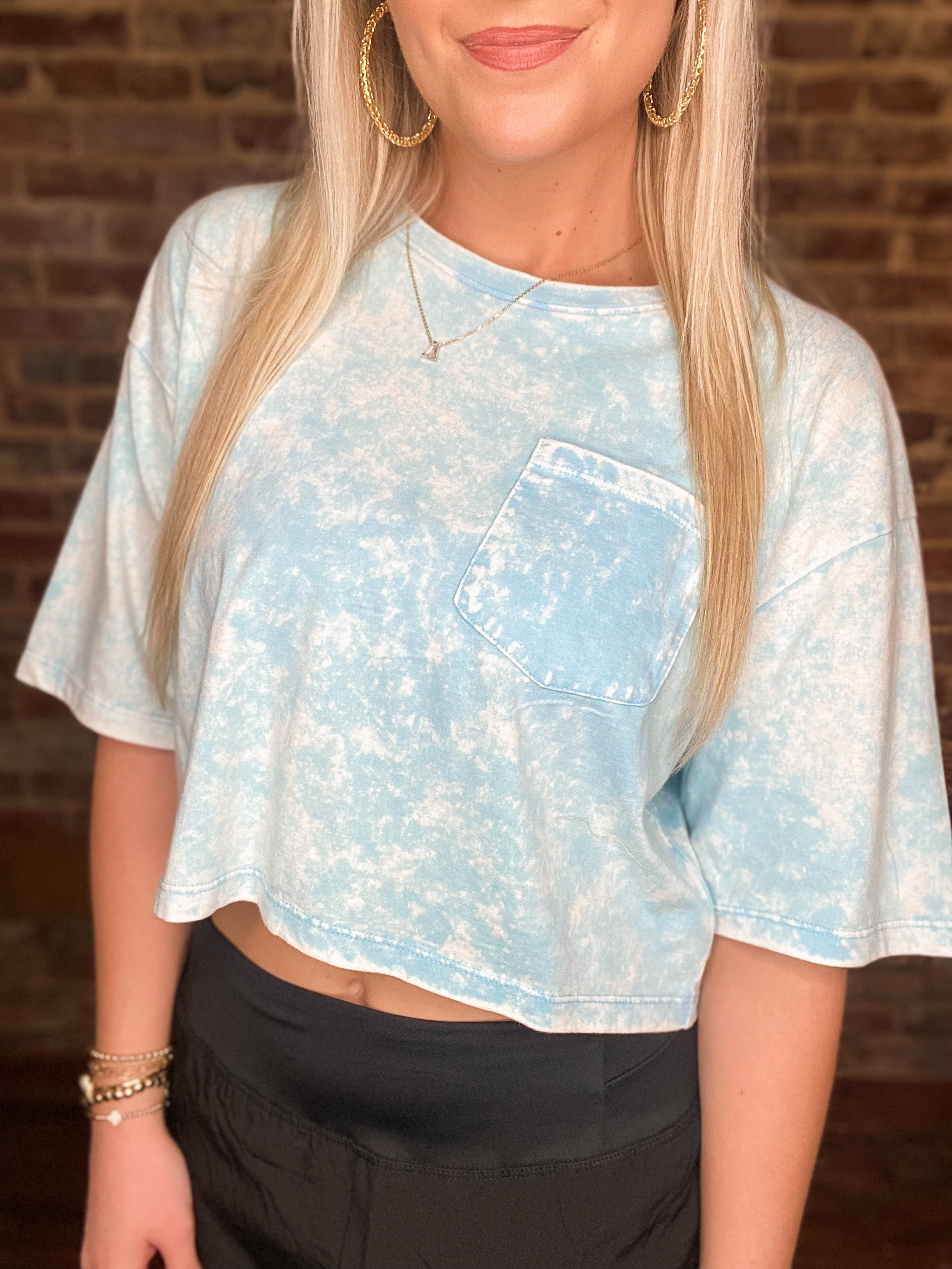 Casual Days Coming Sky Blue Acid Washed Cropped Pocket Tee