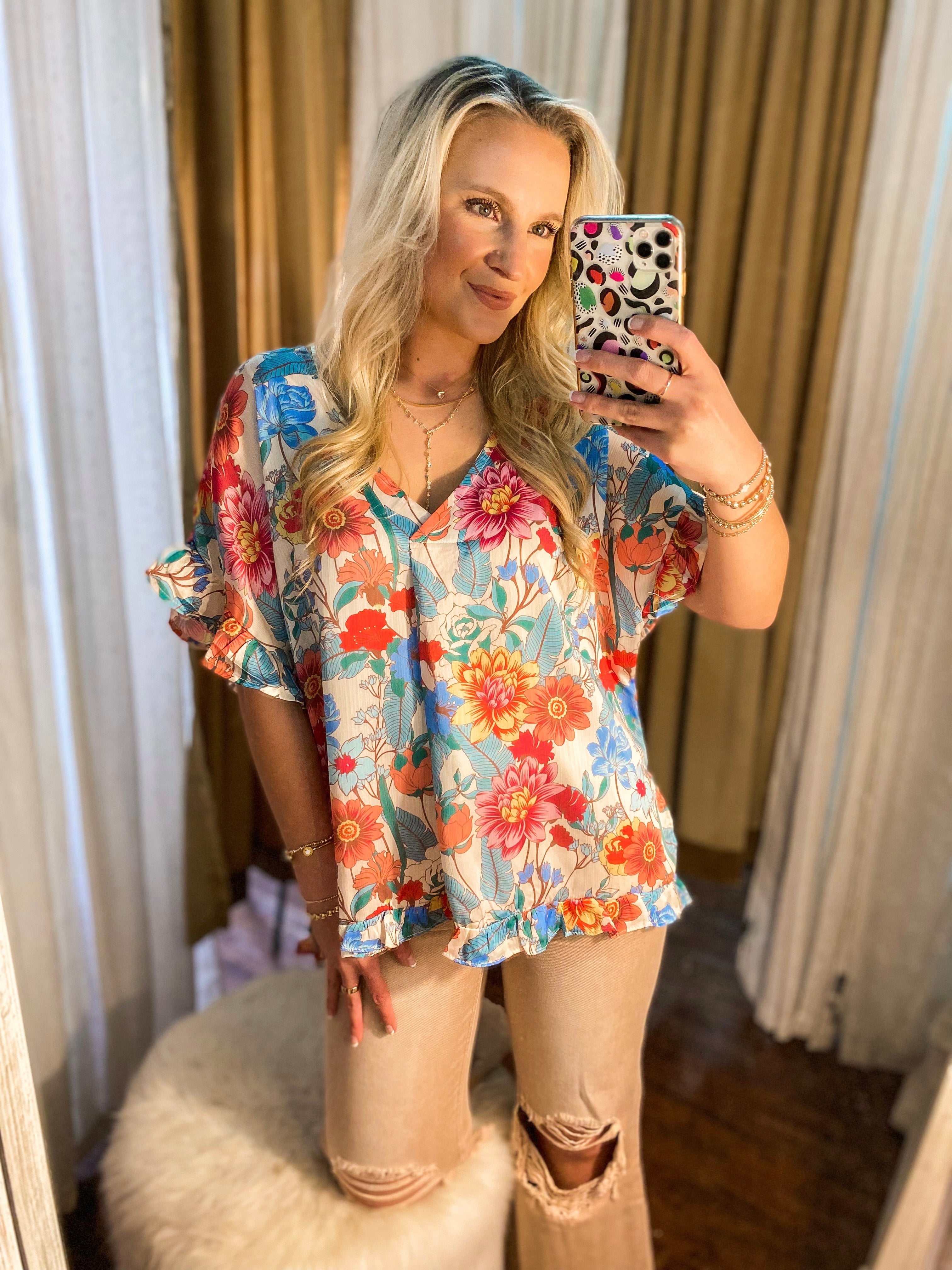Tell Me About It Ivory Floral Short Sleeve Blouse