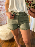 Load image into Gallery viewer, Tracing Steps High Rise Olive Green Kan Can Denim Shorts
