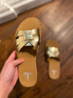Load image into Gallery viewer, Rouge Gold Metallic Hey Girl by Corkys Flat Sandal
