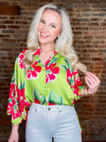 Load image into Gallery viewer, Never Dull Lime Green &amp; Pink Floral Button Down Blouse
