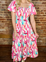 Load image into Gallery viewer, Painted Canvas Pink Brush Stroke Print Smocked Midi Dress

