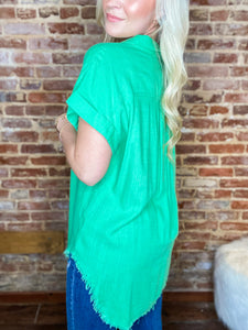 My Kind of Day Kelly Green Linen Button Down Blouse