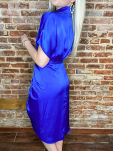 Critical Thinking Royal Blue Ruched Button Down Midi Dress