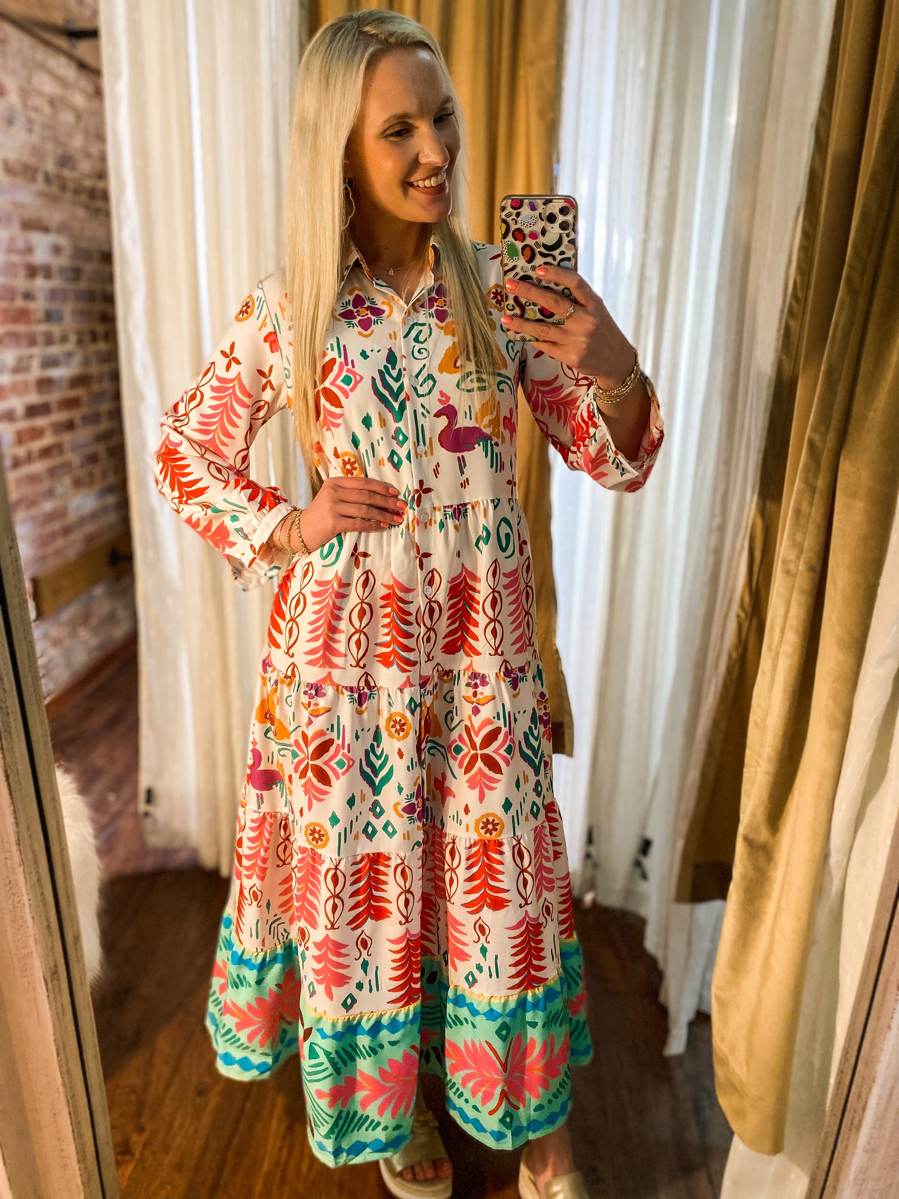 Birds Of A Feather Multi Print Button Down Maxi Dress