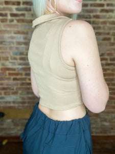 Getting To Know You Ruched Taupe Ribbed Sleeveless Crop Top