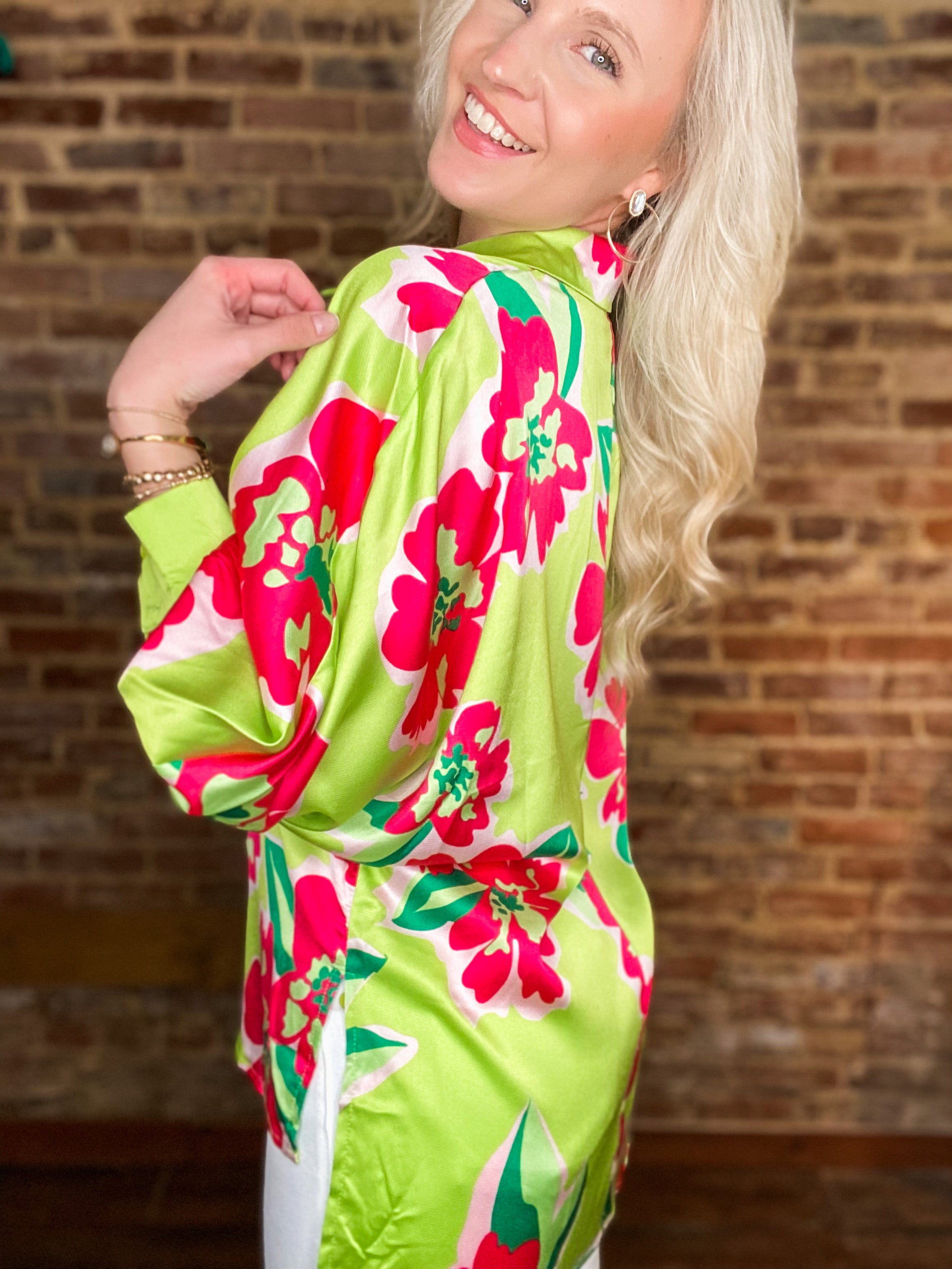 Never Dull Lime Green & Pink Floral Button Down Blouse
