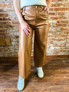 Take A Number High Waisted Wide Legged Camel Pleather Pants