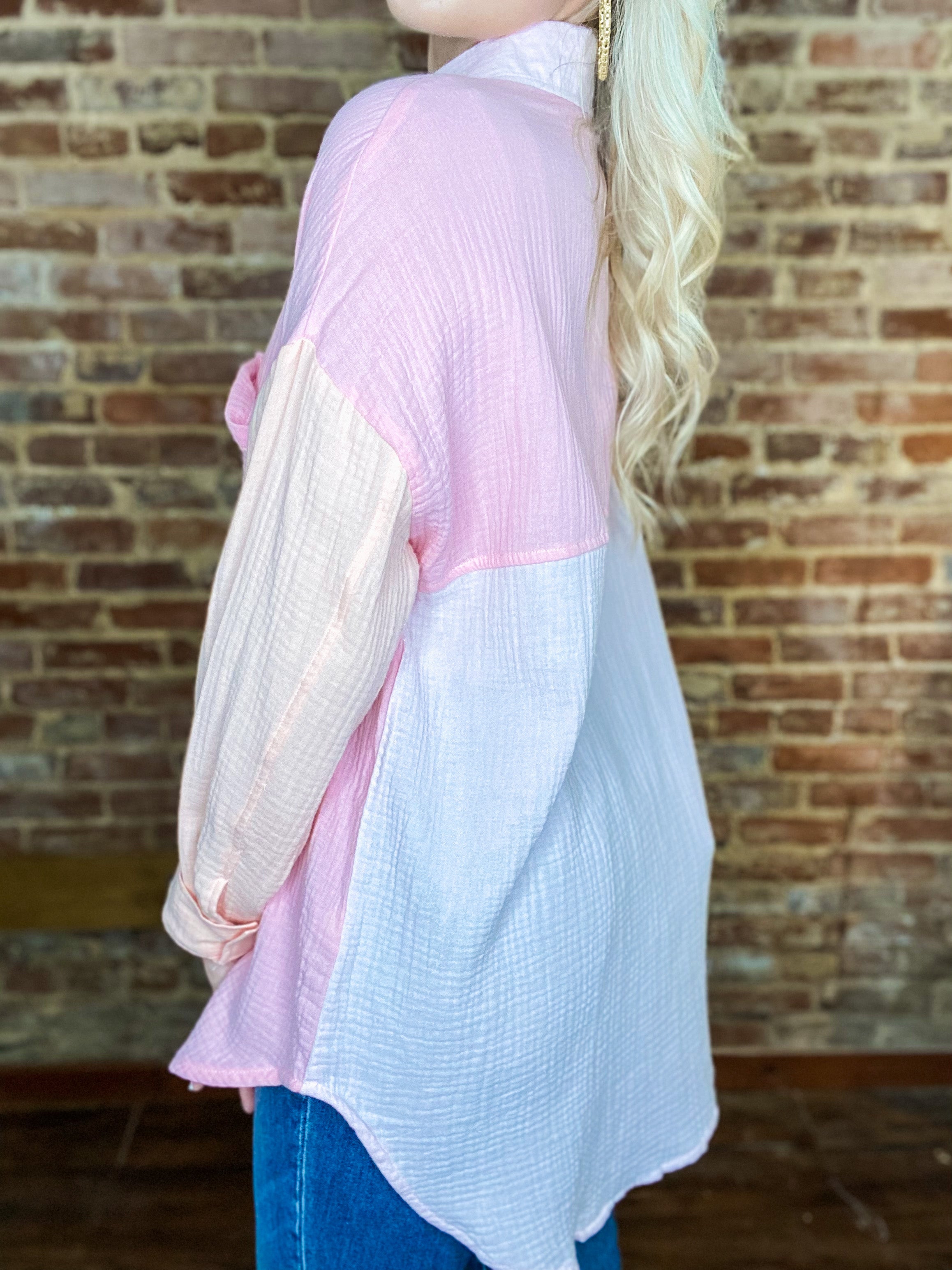 Seas The Day Pink & Sherbert Color Block Simply Southern Button Down Blouse