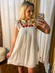 Your Chance White Gingham Floral Embroidered THML Dress