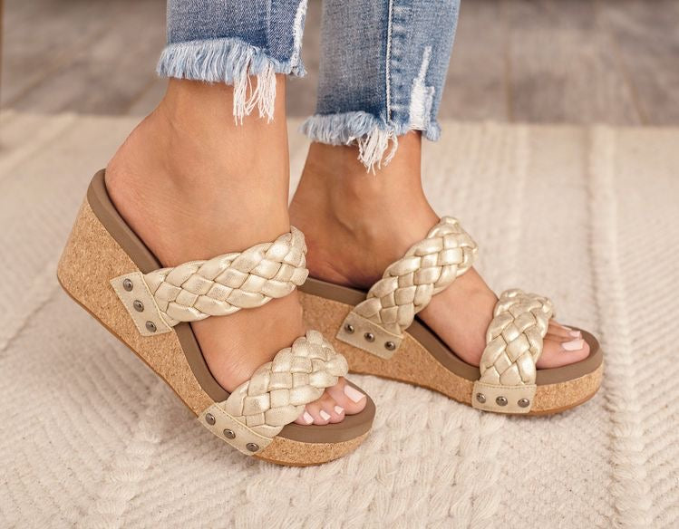 Delightful Gold Shimmer Braided Boutique by Corkys Wedge