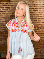 Load image into Gallery viewer, Missed Me Powder Blue Embroidered Baby Doll Short Sleeve THML Blouse
