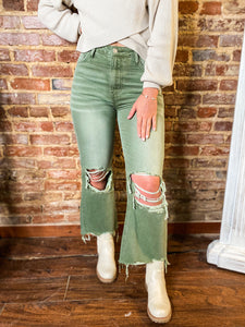 Leslie Army Green 90's Vintage High Rise Cropped Flare Denim