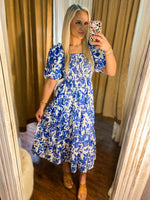 Load image into Gallery viewer, Lost In Love Blue &amp; White Floral THML Midi Dress

