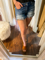 Load image into Gallery viewer, See The Sun Mid Rise Frayed Hem Dark Wash Stretch Kan Can Shorts
