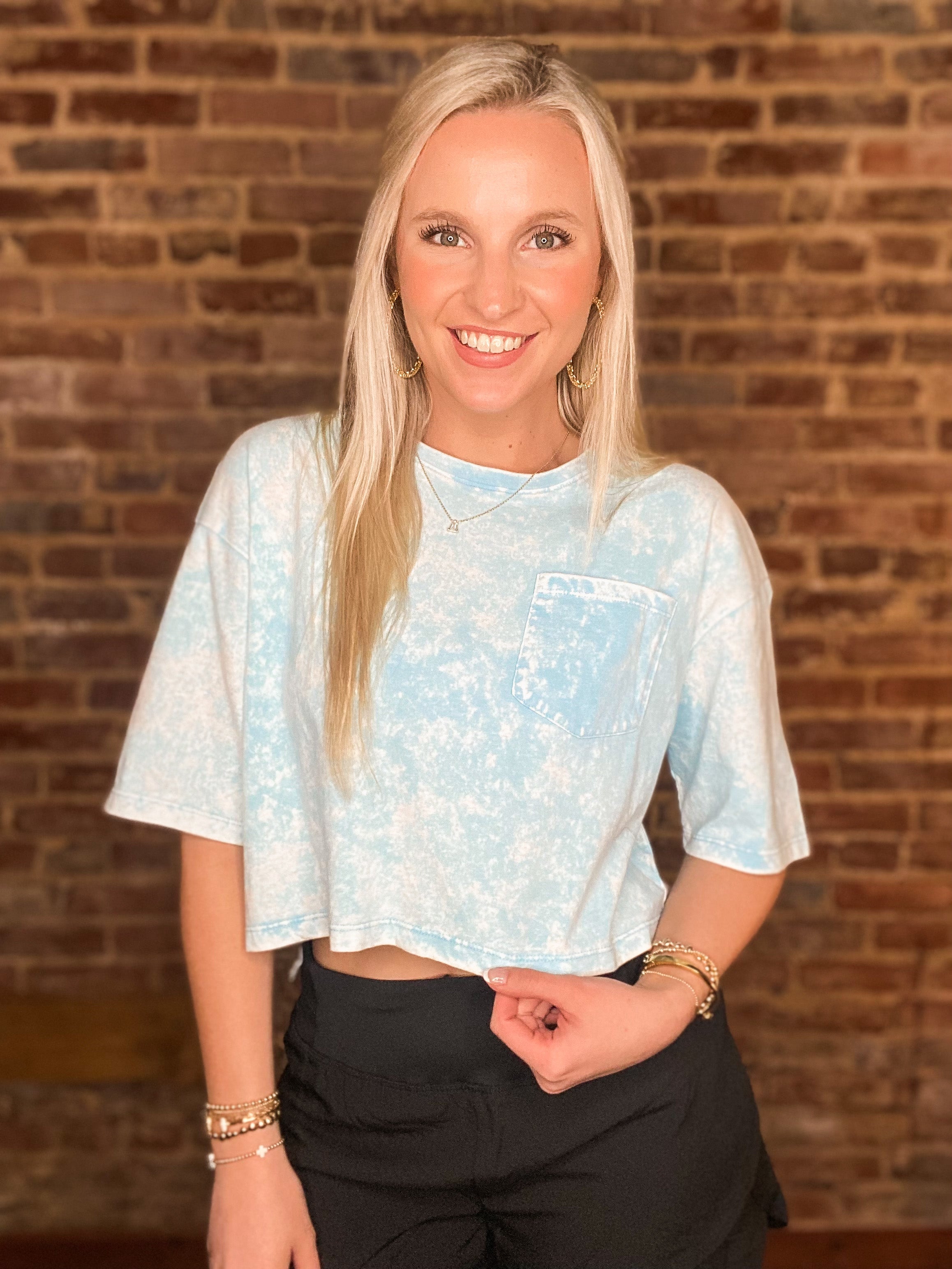 Casual Days Coming Sky Blue Acid Washed Cropped Pocket Tee
