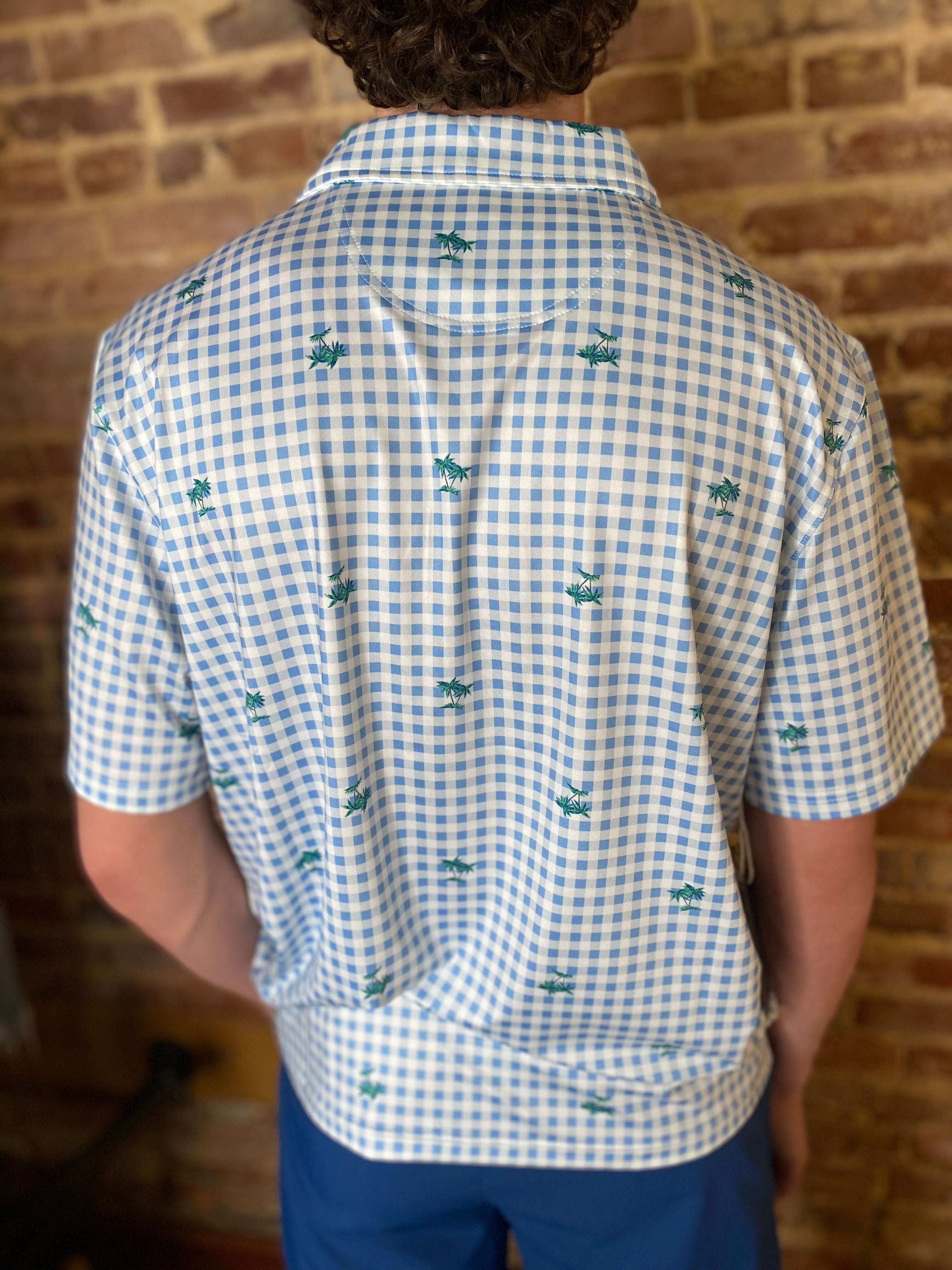 Palm and Blue Plaid Dry Fit Performance Simply Southern Polo Shirt